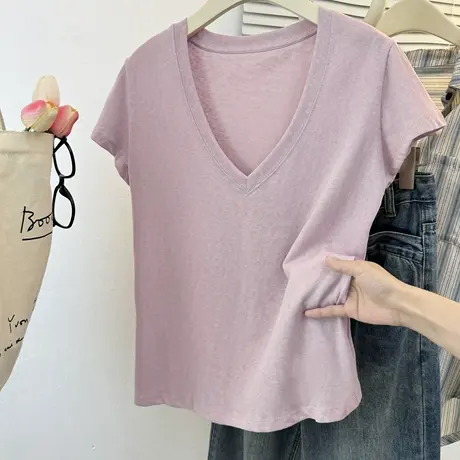 大V领薄款短袖T恤女夏季2025新款宽松慵懒风雪花棉打底衫半袖上衣图片