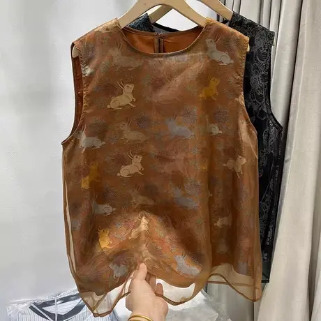 国风马甲女无袖衬衫背心2025夏季新款新中式网纱上衣印花衬衣马夹商品大图