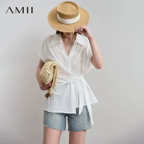 AMII【法式优雅】25夏法式优雅蕾丝拼接不对称绑带收腰显瘦衬衫女商品大图