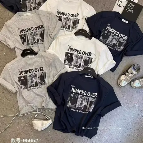 韩国东大门夏季新款美式时髦人物印花短袖T恤女短款垫肩辣妹上衣商品大图