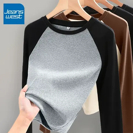 KV真维斯撞色长袖t恤女2025新款 春秋设计感插肩袖修身内搭上衣女商品大图