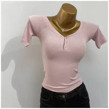 嗲嗲粉色～一字领V领两穿短袖T恤女修身短款气质打底衫2021夏新款图片