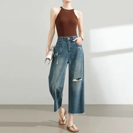 莱赛尔天丝毛边破洞牛仔裤女夏季薄款高腰八九分小个子直筒阔腿裤商品大图