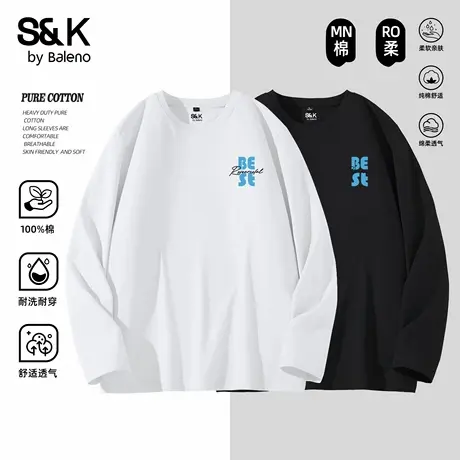 班尼路S&K字母t恤男长袖纯棉简约宽松圆领打底衫正肩运动白色上衣图片