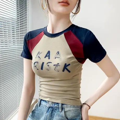 拼色圆领短袖T恤女2025春季新款设计感小众别致掐腰热辣美式上衣图片