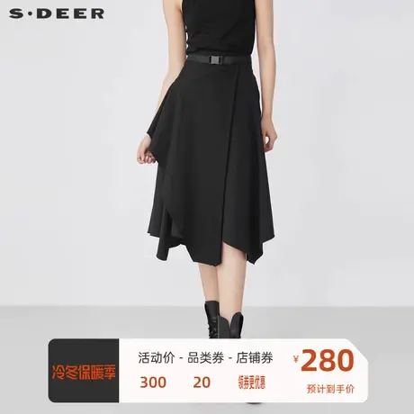 sdeer圣迪奥女装时尚腰带拼接不规则黑色A字长裙S21461114🌦商品大图