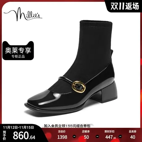 millie's妙丽2023冬新款牛皮方头时尚简约粗跟女靴LH341DZ3商品大图