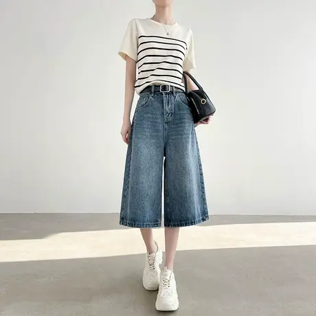 复古高街七分牛仔阔腿裤女春夏薄款宽松显瘦百搭小个子直筒中裤子商品大图