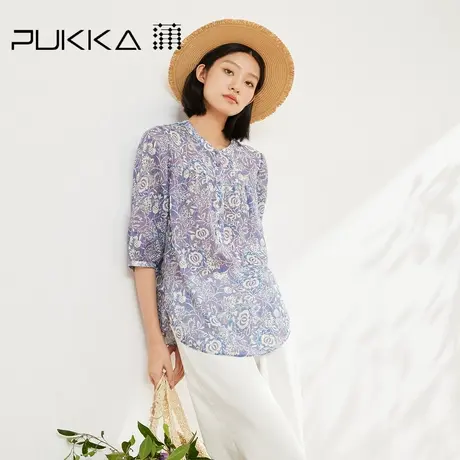 蒲PUKKA 印花苎麻衬衫女半开襟套头中袖上衣2025夏新款商品大图