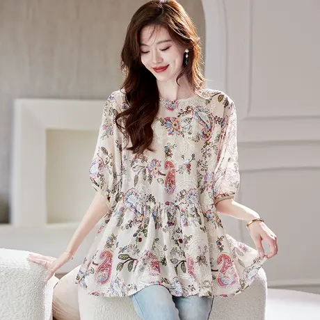 宝诗黎泡泡袖刺绣印花衬衫女2025夏季韩版气质减龄休闲宽松衬衣商品大图