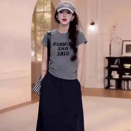 简约韩系字母印花短袖t恤女装2025年夏季新款爆款灰色高级感上衣商品大图