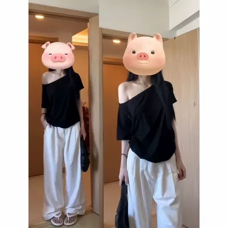 辣妹纯欲风斜领露肩短袖T恤女夏季宽松韩版打底衫慵懒风半袖上衣商品大图