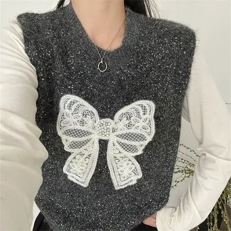 2025新款超火蝴蝶结毛衣针织马甲女时髦洋气背心春秋马夹叠穿外穿图片