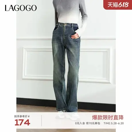 LAGOGO弹力舒适高腰牛仔裤女拉谷谷2024年冬季新款复古蓝色直筒裤商品大图