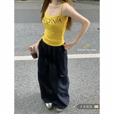美式辣妹黄色字母印花吊带小背心女外穿夏季修身显瘦性感短款上衣商品大图