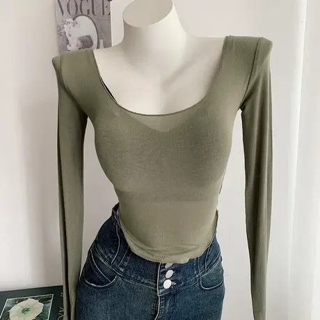 软糯轻薄 满满的诱惑~纯欲显身材U领紧身长袖t恤上衣女内搭打底衫商品大图