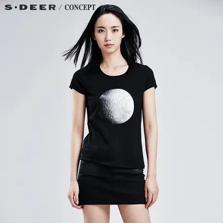 【新品】sdeer圣迪奥黑色t恤女短袖 女夏胶印短袖T恤S16280176图片