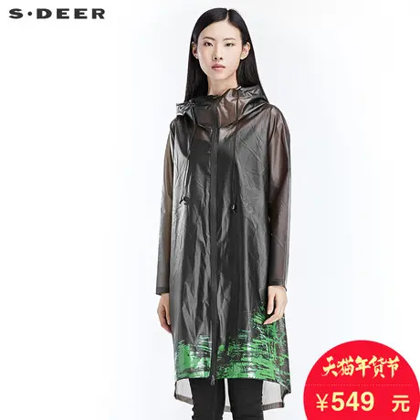 sdeer圣迪奥2018秋装街头清新印花长款连帽风衣外套雨衣S16381850图片