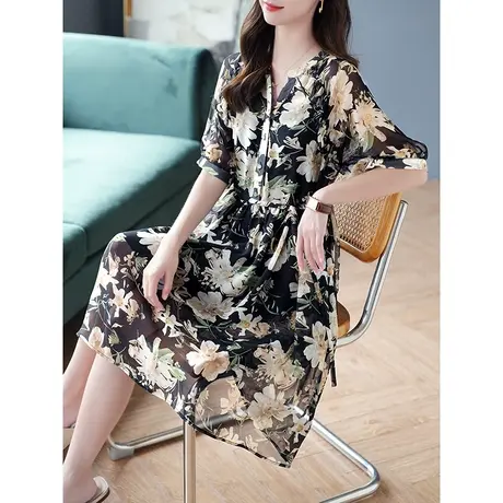 宝诗黎V领两件套吊带印花衬衫连衣裙2025夏季新款半袖中长雪纺裙商品大图