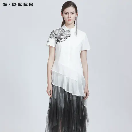 sdeer圣迪奥女装翻领撞色印花雪纺拼接衬衫S21280413图片