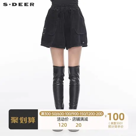 sdeer圣迪奥女装松紧插袋字母贴布直筒灯芯绒短裤S19480908图片