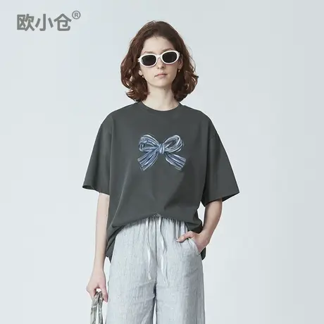 欧小仓 麻里麻气小众设计感短袖圆领T恤 蝴蝶结印花宽松半袖图片