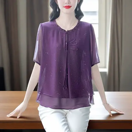 时尚洋气假两件短袖雪纺衫女2025年夏季新款宽松休闲女士圆领小衫商品大图