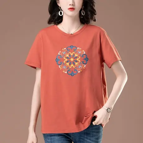 加肥加大码短袖t恤女夏装新款宽松中年妈妈国潮印花显瘦半袖体恤商品大图