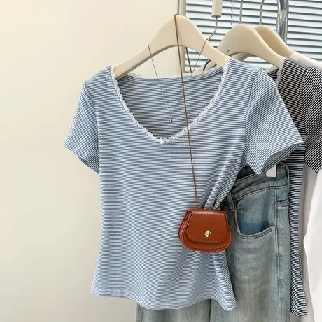 设计感蕾丝花边拼接短袖T恤女夏季修身韩版V领正肩chic别致上衣服商品大图