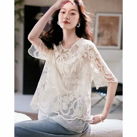 宝诗黎圆领亮片刺绣镂空短袖T恤2025夏季时尚休闲洋气显瘦上衣女图片