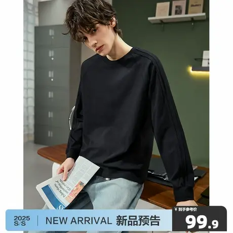 唐狮2025秋季新款长袖T恤男纯棉插肩袖嵌条宽松净色休闲百搭上衣商品大图