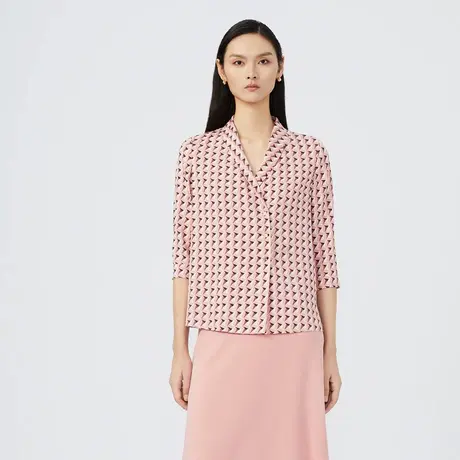 【真丝】LANCY/朗姿夏季几何印花衬衫女粉色宽松衬衣图片