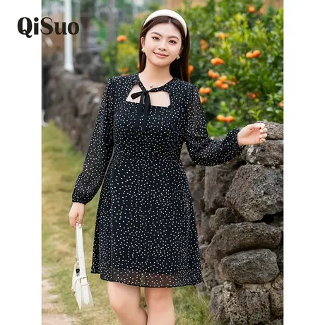 2024年秋装新款小心机减龄大码波点连衣裙显瘦收腰胖MM黑色雪纺裙商品大图