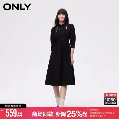 ONLY2024春季新款都市新中式泡泡袖中长款牛仔连衣裙女|124142007商品大图