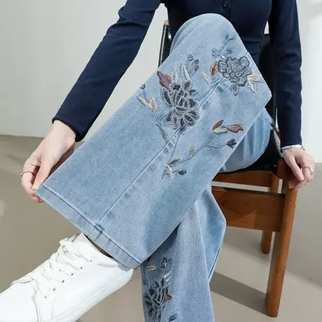 新中式国风刺绣莱赛尔天丝牛仔裤女夏季薄款高腰直筒宽松阔腿裤子商品大图