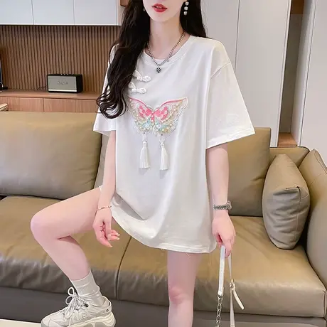 新中式中国风短袖t恤女夏季韩版宽松大码女装中长款下衣失踪上衣图片