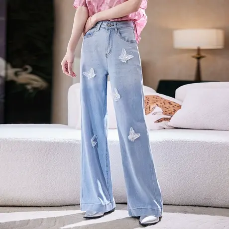宝诗黎蝴蝶蕾丝烫钻渐变牛仔裤2025夏季百搭宽松阔腿大码直筒裤女商品大图