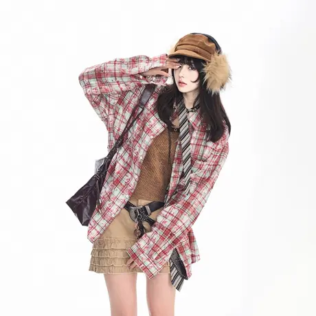 复古扎染碎花格子衬衫男女2025春季新款做旧情侣衬衣宽松潮牌上衣图片