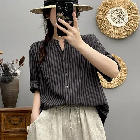 夏季文艺小清新条纹双层棉纱中袖白衬衫女宽松休闲五分袖上衣百搭商品大图