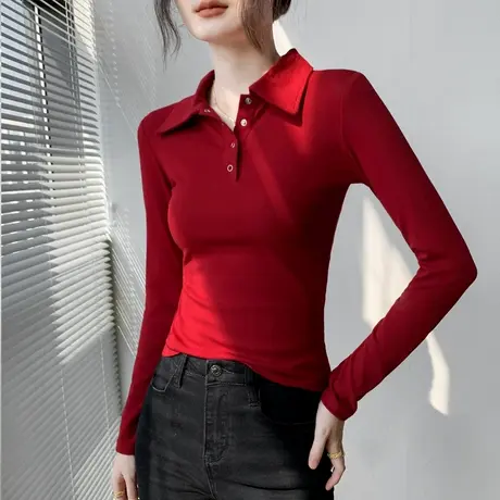 歌倍尚POLO领上衣高级感别致长袖女2024新款韩版纯色正肩修身T恤图片