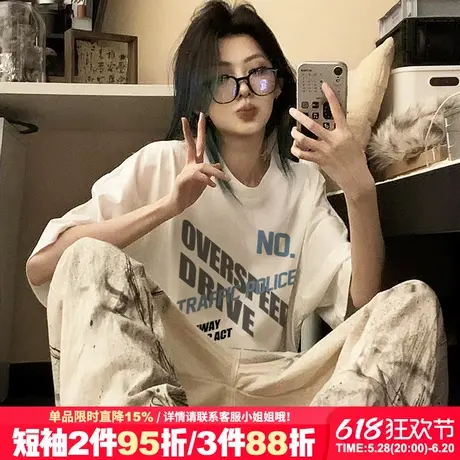 美式街头风设计感ins潮牌白色短袖t恤女2025夏季新款大版重磅上衣图片