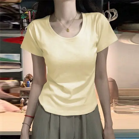 简约纯色U领正肩短袖T恤女夏季韩版修身内搭外穿打底衫半袖上衣服商品大图