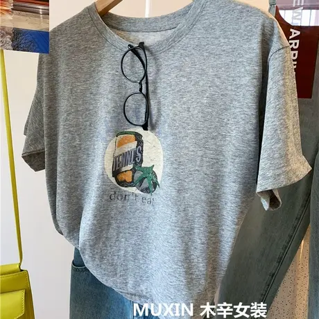 易拉罐番茄复古感印花小短款宽松休闲薄款女式夏季个性短袖T恤衫商品大图
