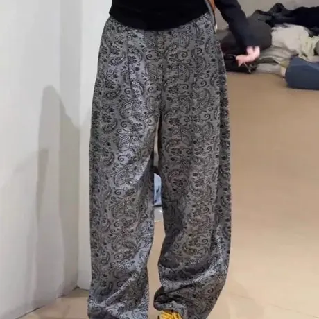 欧货设计感碎花直筒裤长裤女2025夏季新宽松显瘦小个子百搭阔腿裤商品大图