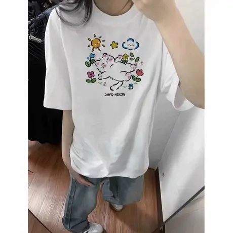 夏季纯棉短袖t恤女2025新款爆款落肩白色设计感美式半袖宽松上衣图片