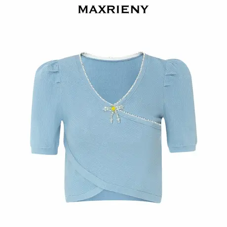 【奥莱】MAXRIENY交叉浅蓝复古针织毛衫截短上衣女商品大图