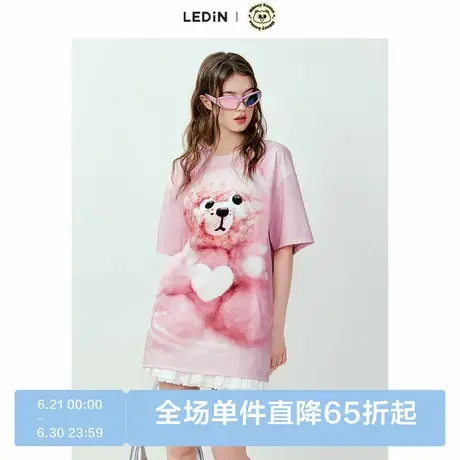 【Honey Kuma联名】乐町夏季新款粉色大玩偶满印宽松T恤短袖图片