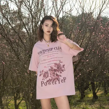 YEP复古印花纯棉短袖t恤女夏季2025新款潮牌街头情侣宽松半袖上衣图片
