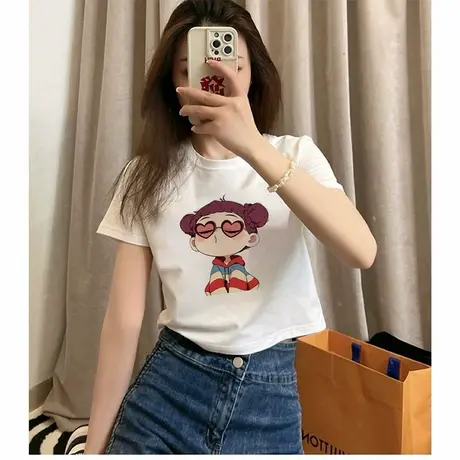 韩版白色正肩高腰短款t恤女2025年新款夏季爆款修身显瘦短袖上衣商品大图