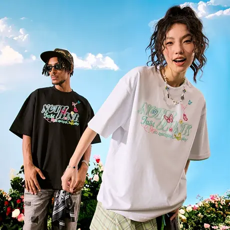 Nuthink蝴蝶刺绣短袖T恤美式潮牌多巴胺印花情侣男女2025夏季新款图片